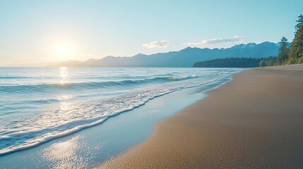 Fototapeta premium A serene beach sunset with gentle waves and mountains in the distance.
