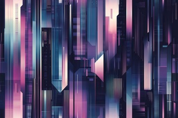 Obraz premium Abstract Cityscape with Vertical Lines and Geometric Shapes in Purple, Blue, and White Hues