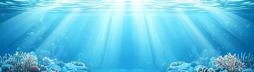 Obraz premium Underwater scene with vibrant coral reefs illuminated by sun rays from surface.