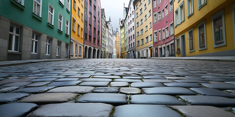 Rua de paralelepípedos europeia com edifícios coloridos