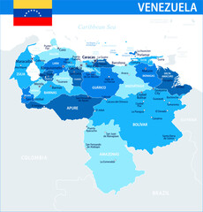 Fototapeta premium Venezuela Map Vector Blue Spot - Customizable layered political map of Venezuela with administrative divisions for website, education, reports, news, politics, print, poster and wallpaper