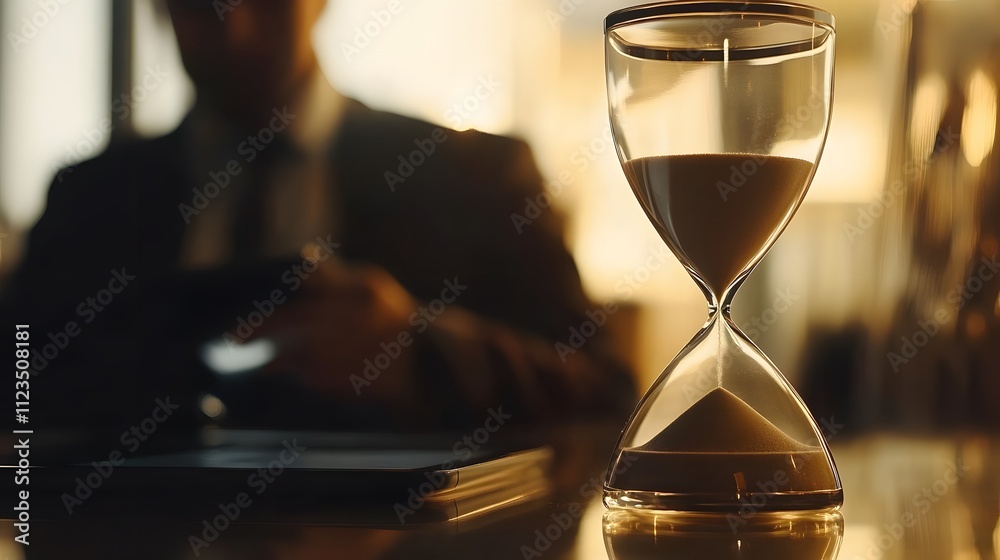 Aufkleber elegant hourglass on a reflective surface with a blurred businessman in the background, symbolizing 
