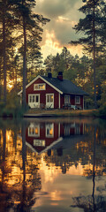 Fototapeta premium Casa flutuante em um lago tranquilo