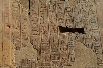 Hatshepsut, Luxor, Egypt, Africa, Hieroglyphics at the entrance to the Queens tomb.