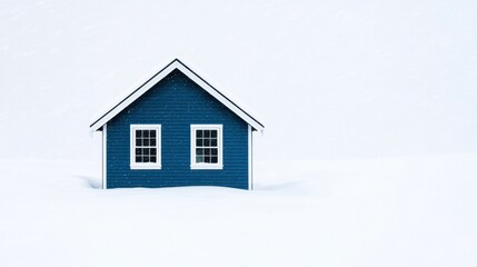 Fototapeta premium Winter storm and wind visibility, A solitary blue house stands amidst a vast expanse of white snow, creating a serene and minimalistic winter scene.