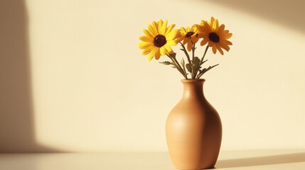 Bright yellow sunflowers in a simple vase against a warm wall in natural sunlight