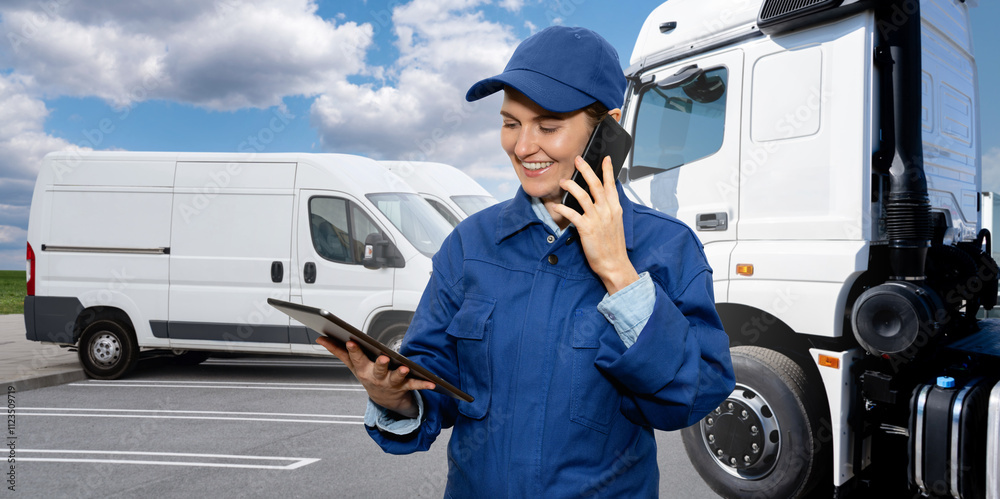 Poster female manager with a digital tablet and smartphone on the background of truck and vans. fleet manag