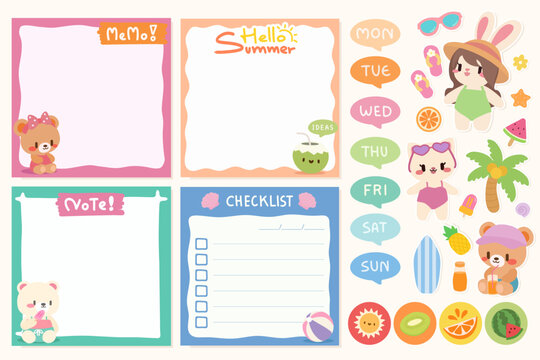 Adorable summer planner designs with stickers and checklists. Kawaii summer themed memo and planner stickers.