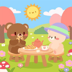 A kawaii illustration of two cute bears enjoying a spring picnic with tea and cookies in a colorful garden. The scene features pastel trees, cheerful flowers, and a sunny.