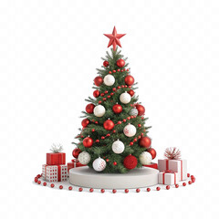 abstract 3d christmas tree with golden baubles for new year with gift box different colour and style isolated on white background