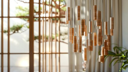 Obraz premium Hanging Bamboo Mobile Art Installation for Modern Interior Decor Geometric Organic Sculpture Adds Calming Ambiance and Natural Harmony to Home Office or Studio Spaces