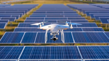 A drone flying over a vast solar panel field, showcasing modern technology and renewable energy in an eco-friendly environment.