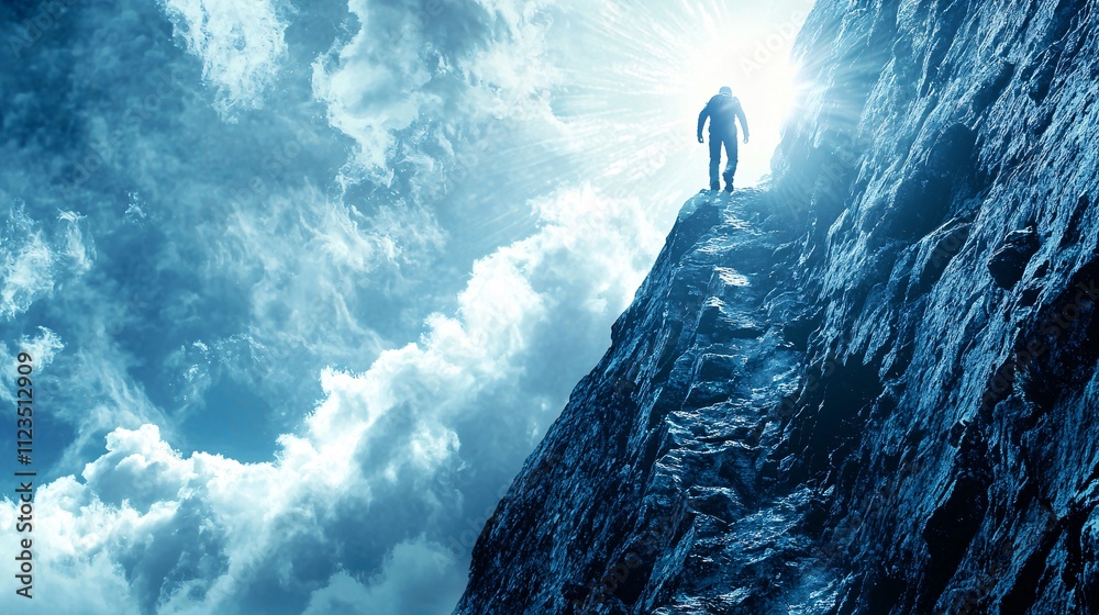 Aufkleber a person climbing a steep mountain trail with sunlight breaking through clouds symbolizing personal 