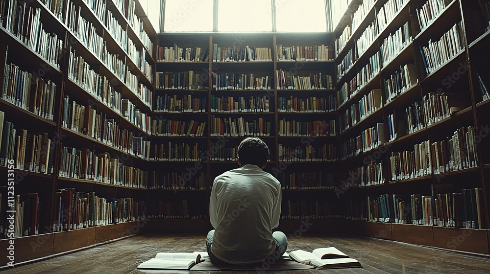 Poster a serene library scene with an individual immersed in a book surrounded by natural light stock photo
