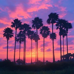 Obraz premium Tropical sunset palm trees vibrant sky high resolution hd picture