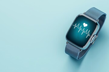 Close-up of a modern smartwatch displaying heart rate on a blue background.