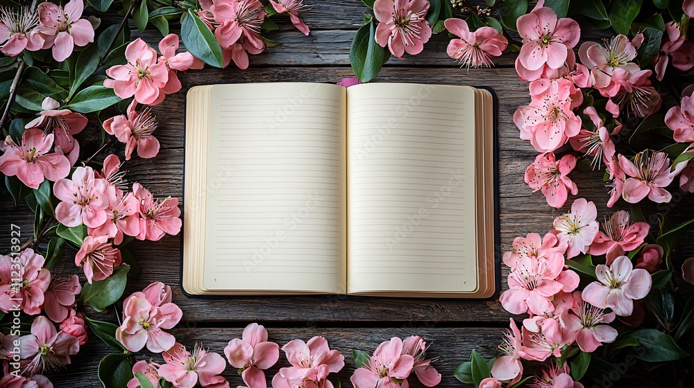 Poster an open notebook on a minimalist table surrounded by blooming flowers and sunlight stock photo with 