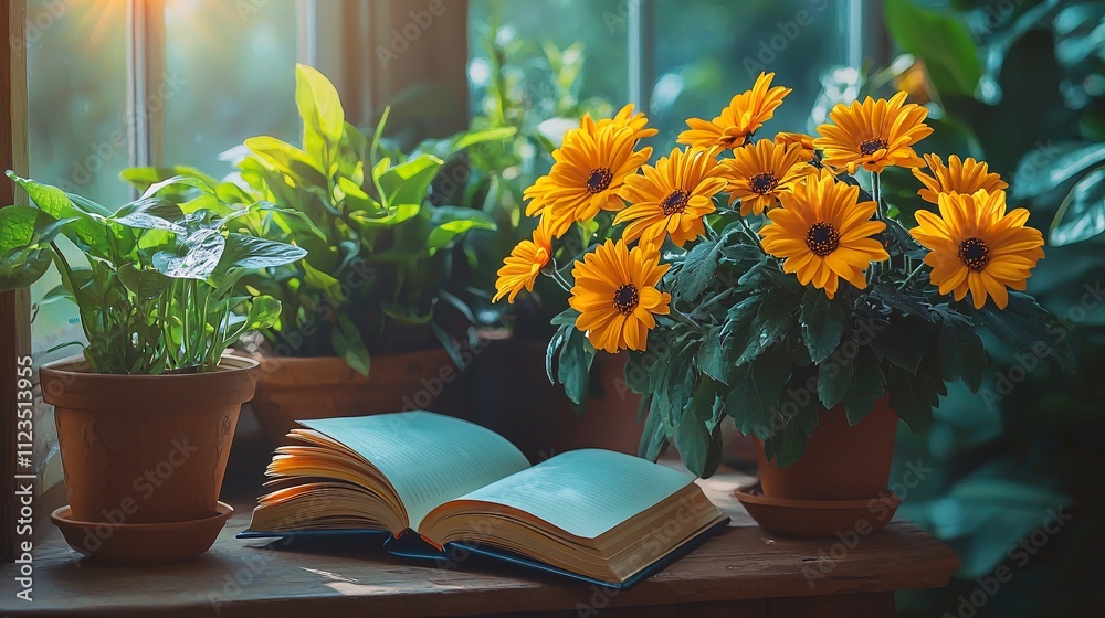Poster An open notebook on a minimalist table surrounded by blooming flowers and sunlight Stock Photo with side copy space