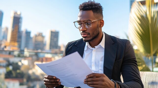 Focused businessman reviewing documents outdoors.