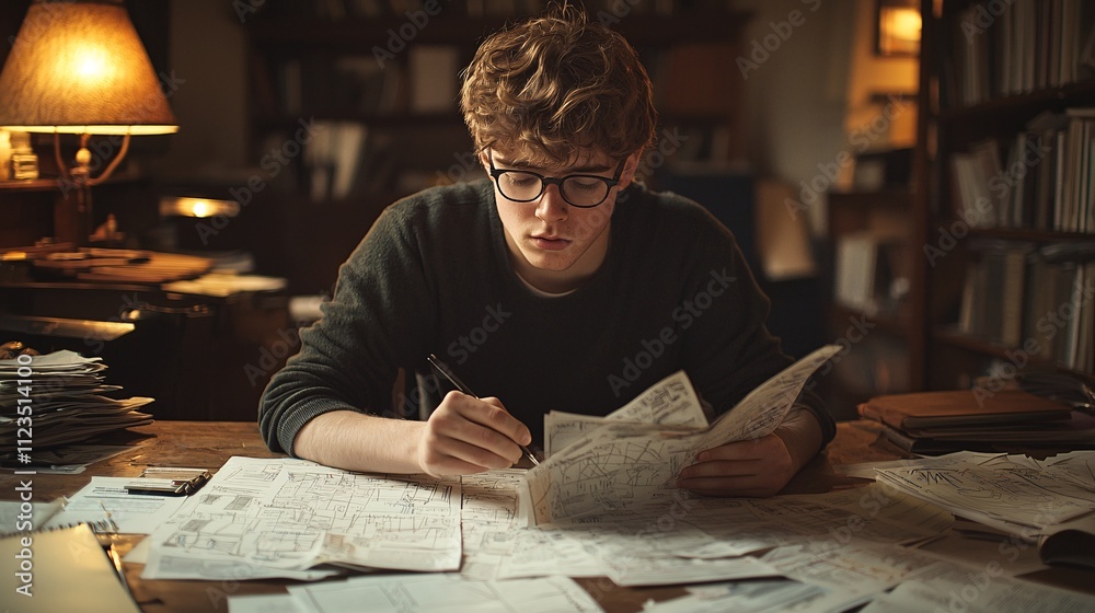 Poster a professional at a desk with diagrams of progress and growth surrounding them stock photo with side