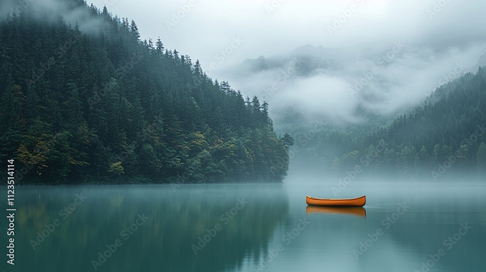 Poster a tranquil lake view with a lone canoe representing inner peace and mindfulness stock photo with sid