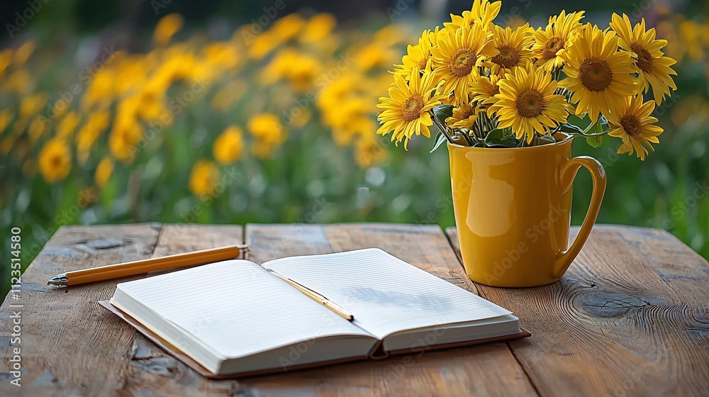Poster A table set with essential items for planning including a notepad and a motivational book Stock Photo with side copy space