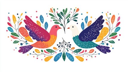 Fototapeta premium Colorful birds surrounded by decorative leaves.