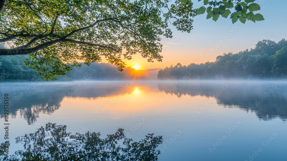 Poster A peaceful sunrise reflecting on a calm lake with empty space for design elements Stock Photo with side copy space