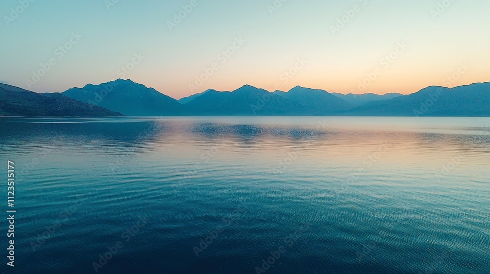 Poster A peaceful sunrise reflecting on a calm lake with empty space for design elements Stock Photo with side copy space
