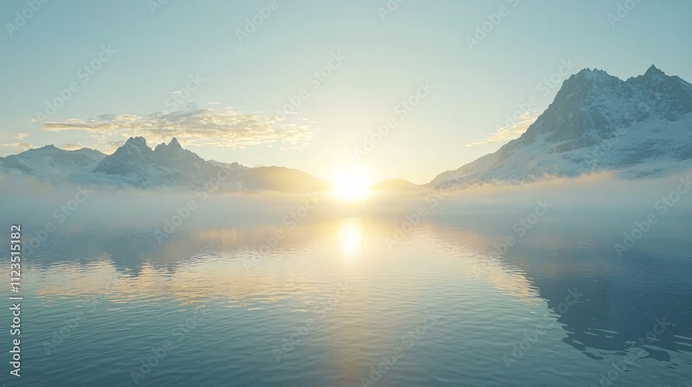 Poster A peaceful sunrise reflecting on a calm lake with empty space for design elements Stock Photo with side copy space
