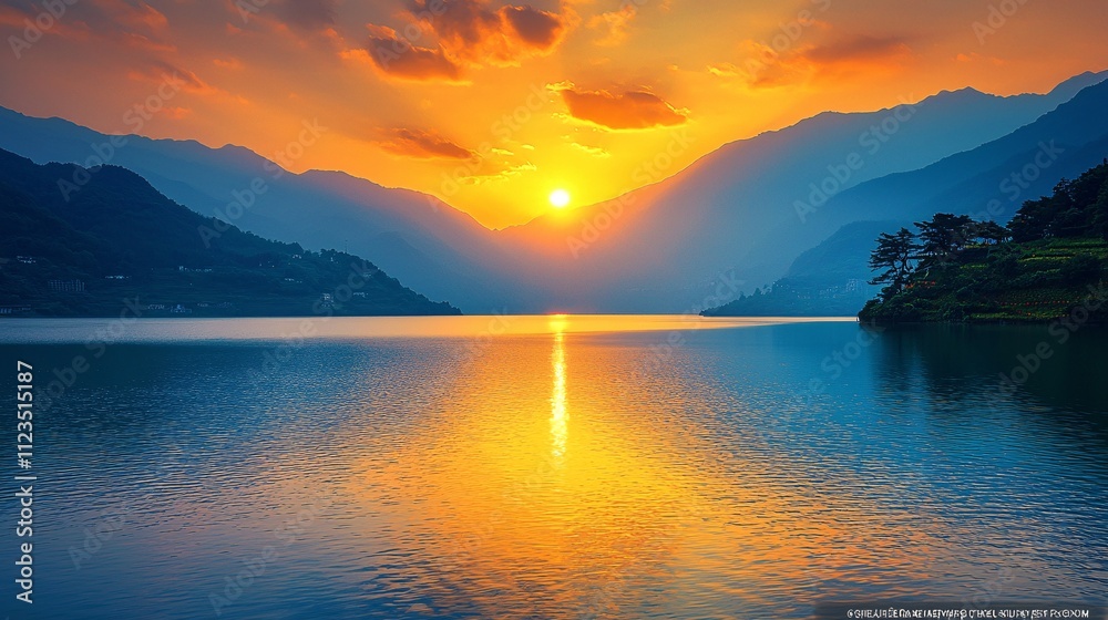 Poster A peaceful sunrise reflecting on a calm lake with empty space for design elements Stock Photo with side copy space