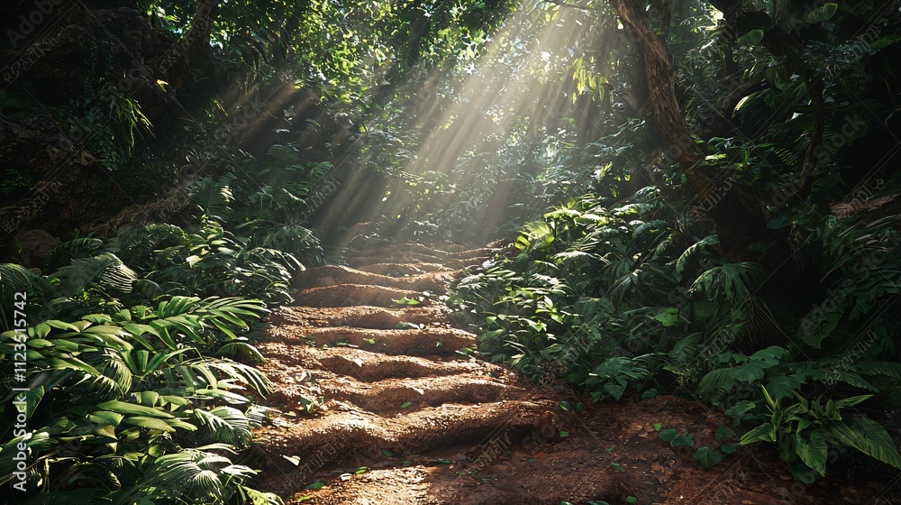 Poster A vibrant forest path with sunlight breaking through the canopy Stock Photo with side copy space