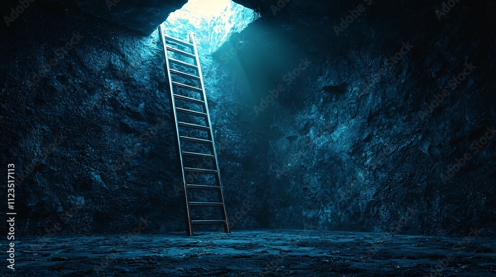 Poster a ladder leaning against a wall with light shining from above stock photo with side copy space
