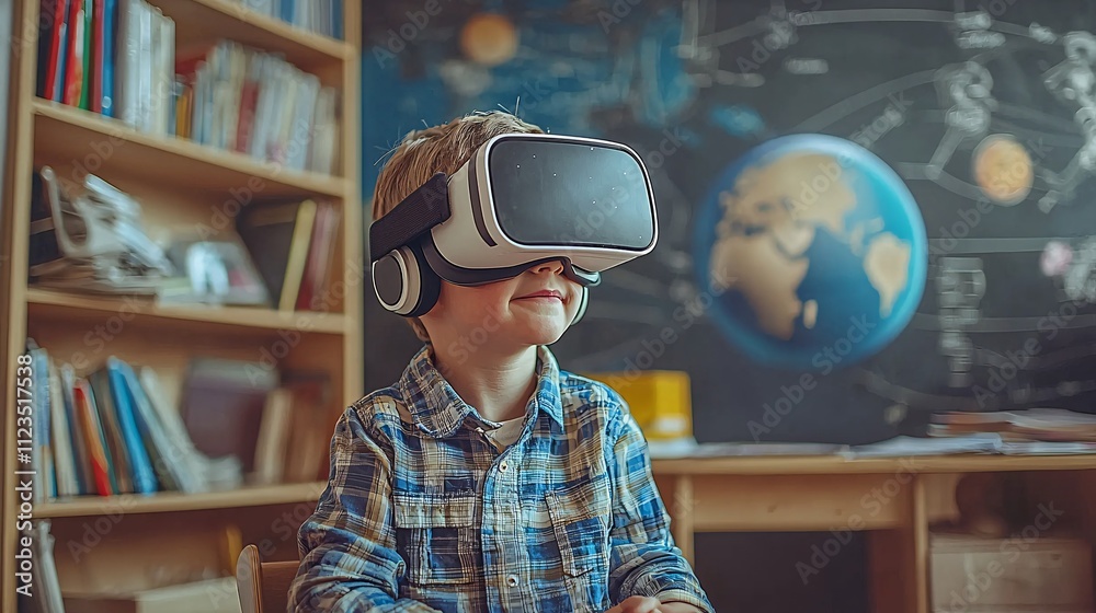 Poster A student engaging in a virtual reality simulation to learn science concepts Stock Photo with side copy space