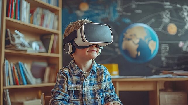 A student engaging in a virtual reality simulation to learn science concepts Stock Photo with side copy space