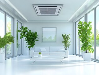 Fototapeta premium Modern Minimalist Living Room with Abundant Natural Light, Stylish Furniture, Green Plants, and Contemporary Air Conditioning System for a Fresh Atmosphere