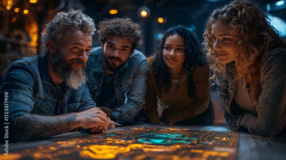 Poster A group of students collaborating on a coding project using AI-powered tools Stock Photo with side copy space