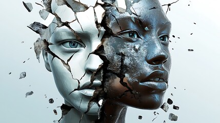 Shattered face, duality, fractured identity, contrasting skin tones, abstract art.