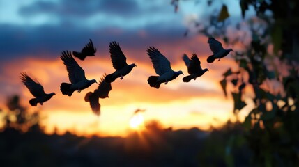 Fototapeta premium A flock of birds flying in the sky at sunset