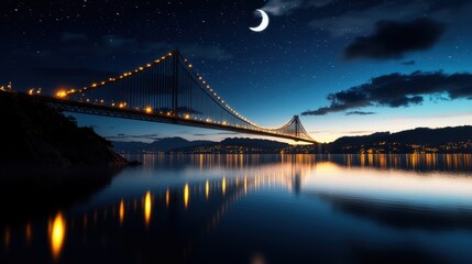Fototapeta premium A bridge spans a body of water at night