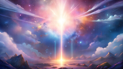 Obraz premium Towering celestial light beam in a dreamy cosmic landscape with vibrant skies