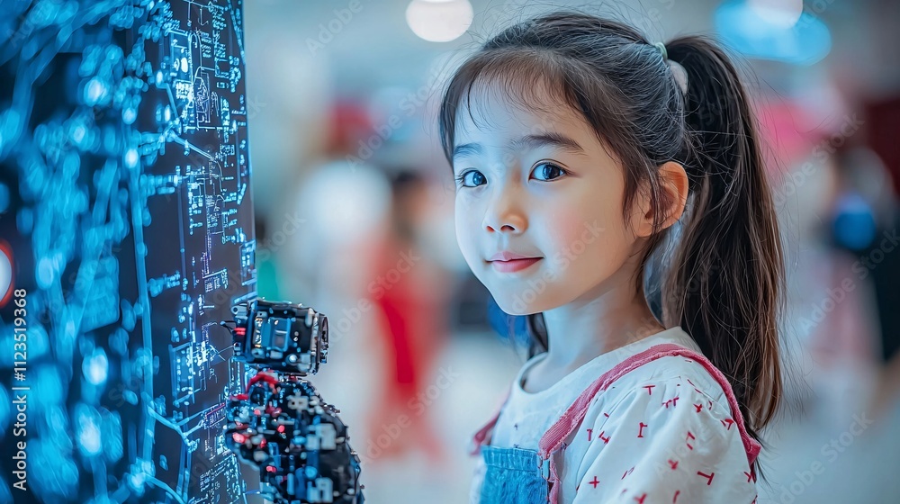 Aufkleber A futuristic lab environment showcasing young learners experimenting with AI and robotics Stock Photo with side copy space