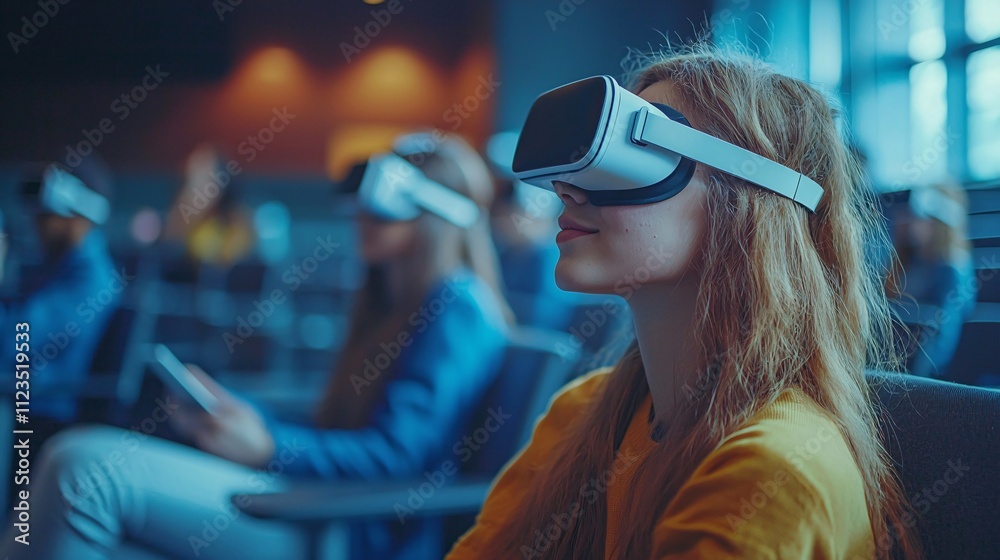 Poster a high school classroom with students using vr headsets to explore historical events stock photo wit