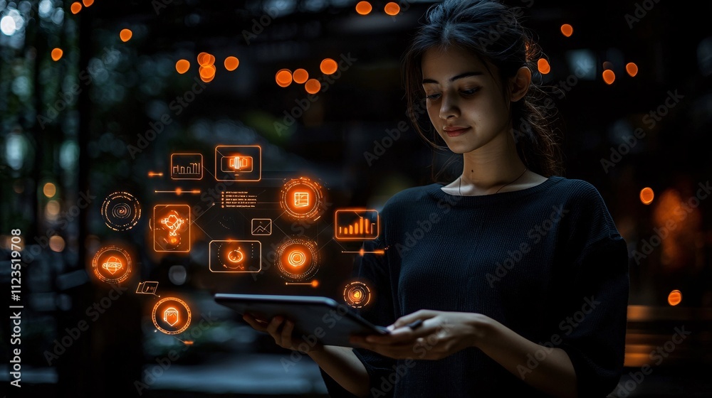 Poster A dynamic representation of gamified learning with badges and rewards displayed on a tablet Stock Photo with side copy space
