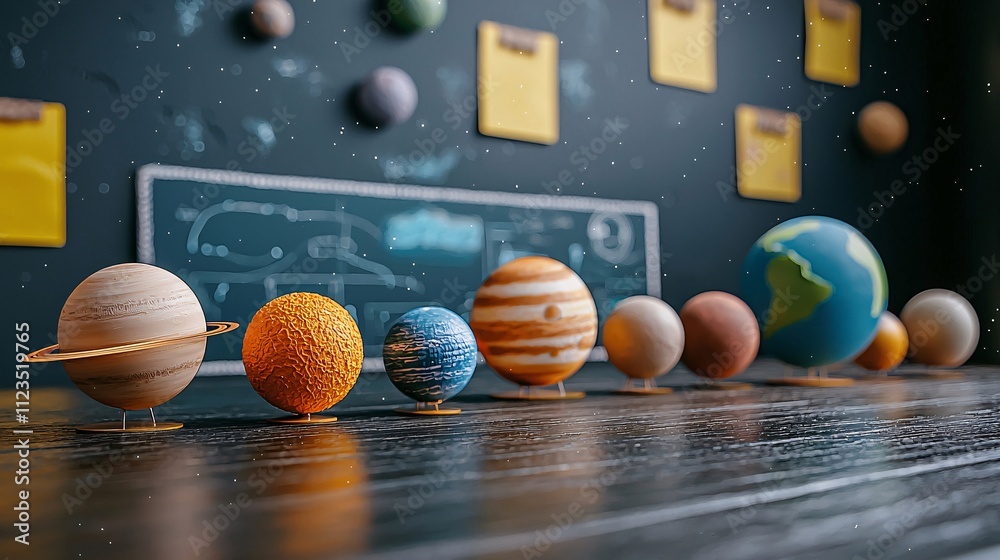 Poster a classroom scene where holographic models of planets are being used to teach astronomy stock photo 