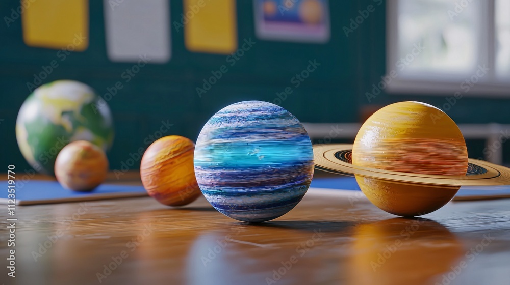 Poster a classroom scene where holographic models of planets are being used to teach astronomy stock photo 