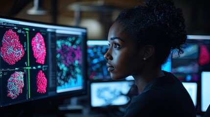 A diverse group of students analyzing virtual biology models on their screens Stock Photo with side copy space