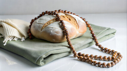 Naklejka premium Bread loaf with rosary on soft green fabric, symbolizing faith and serenity