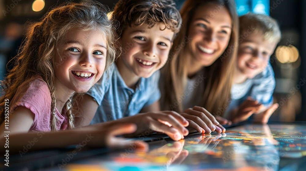 Poster A vibrant teacher-led session using a touchscreen table for interactive learning activities Stock Photo with side copy space
