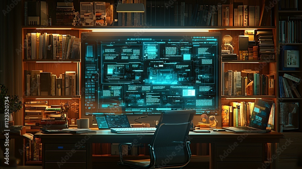 Poster a futuristic workspace showcasing seamless hybrid learning with holographic tools stock photo with s